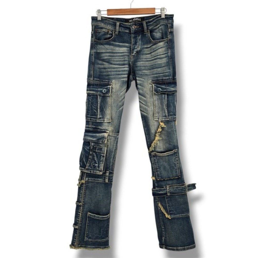 Valabasas Mens Distressed Cargo Stacked Jeans Blue Slim Fit Multi Pocket Size 29